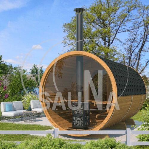 400 LUX sauna with full moon glass wall to the rear