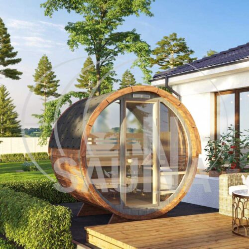 Террасная баня 160-й модели с полным + половинчатым остеклением