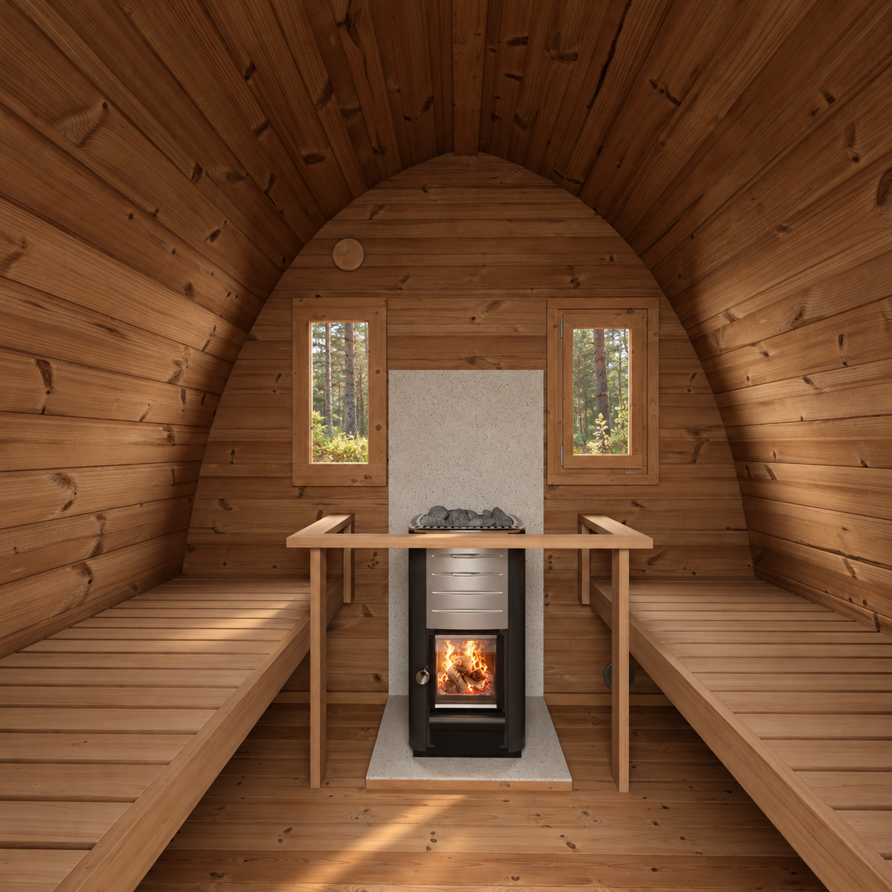Saun POD 300 uksest sisse vaates metsale